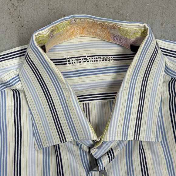 Tyler Shorten Bespoke Dress Shirt Striped Multicolor Floral Cuffs Large - Picture 6 of 10